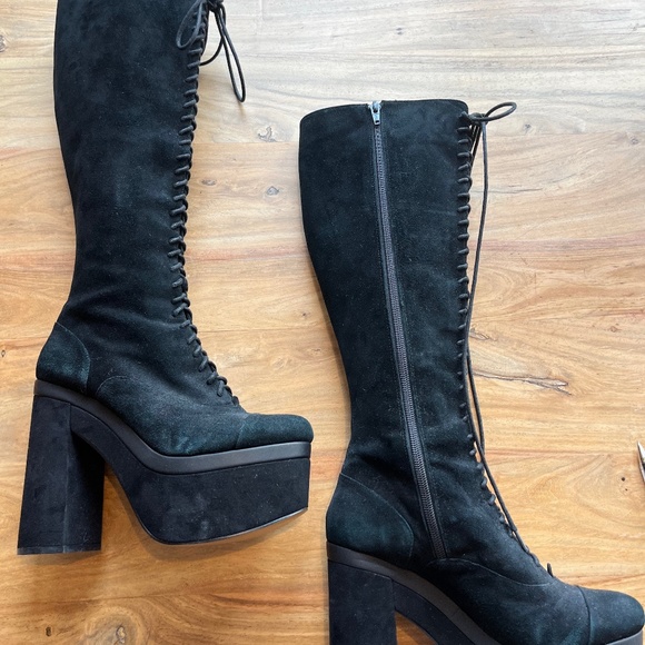 Shellys London Black platform lace up boots, faux suede - Picture 1 of 11